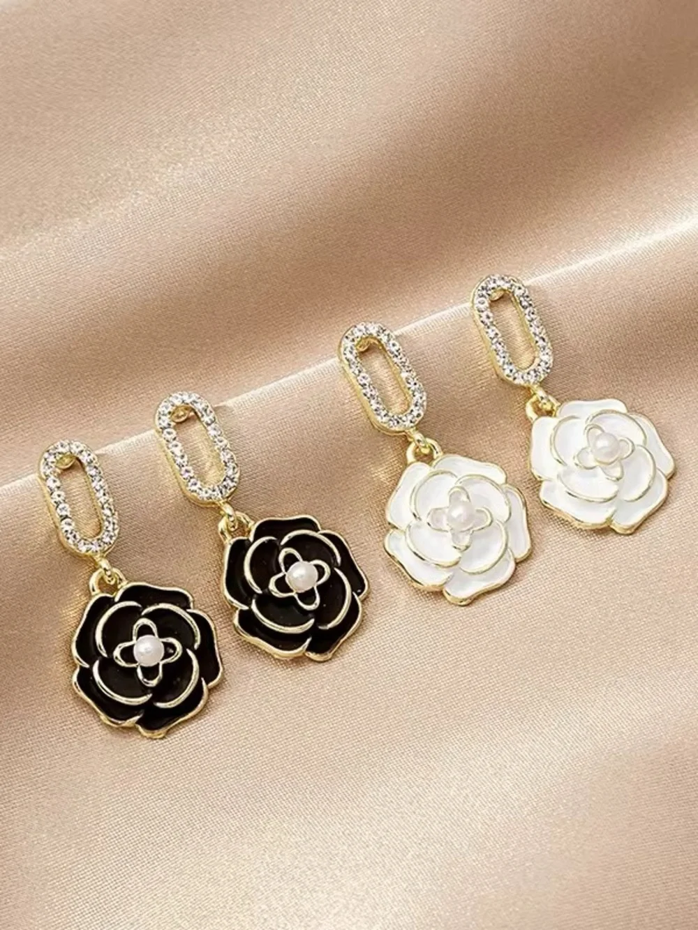 ***Elegant Gold White Enamel Flower Drop Earrings with Crystal Accents